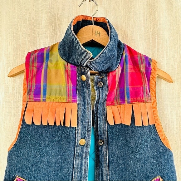 Vintage denim patchwork western fringes puffer ski vest - Picture 6 of 12